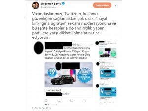 Bakan Soylu’dan Twitter’e "sosyal medya dolandırıcıları" tepkisi