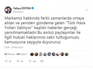 THY Basın Müşaviri Üstün, “Türk Hava Yolları Satılıyor” iddialarını yalanladı