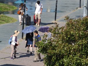 Sıcaktan bunalan turistler şemsiyelere sığındı