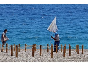 Dünyaca ünlü sahilde şezlong ve şemsiyeler sosyal mesafeli yeni düzene göre yerini aldı