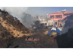 İnek çiftliğindeki yangında samanlar ve kamyonet yandı