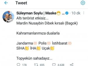 Bakan Soylu sosyal medya hesabından duyurdu: Mardin’de 6 terörist etkisiz hale getirildi
