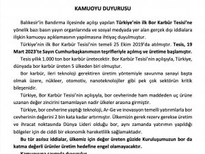 Eti Maden: “Bor Karbür Tesisinde üretim yok iddiası doğru değildir”