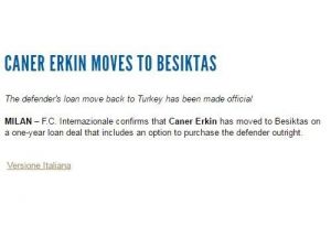 İnter, Caner Erkin’i Beşiktaş’a kiraladı