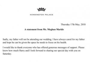 Kensington Sarayı doğruladı: “Meghan Markle’ın babası düğüne katılmayacak”