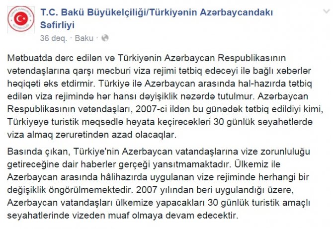 Türkiye'nin Bakü Büyükelçiliği'nden vize açıklaması