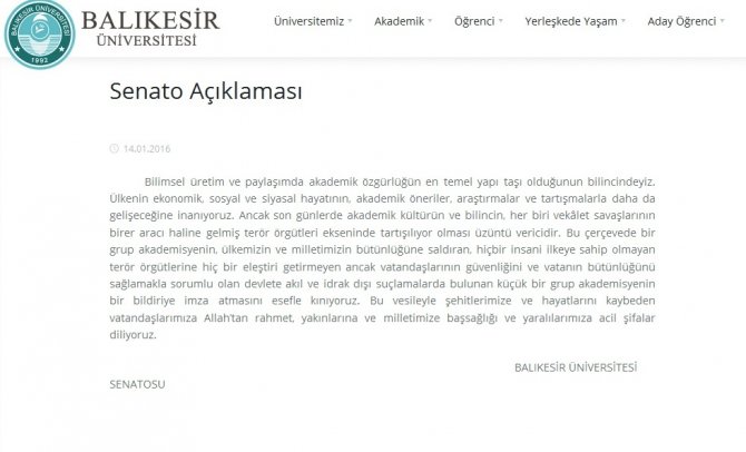 Balıkesir Üniversitesi Senatosu bildiriye imza atan akademisyenleri kınadı