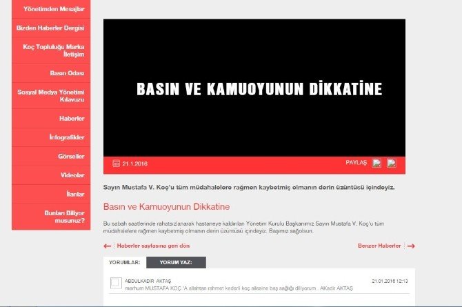 Koç Holding Sosyal Paylaşım Sayfalarını Mustafa Koç’un Ölümü Üzerine Kararttı