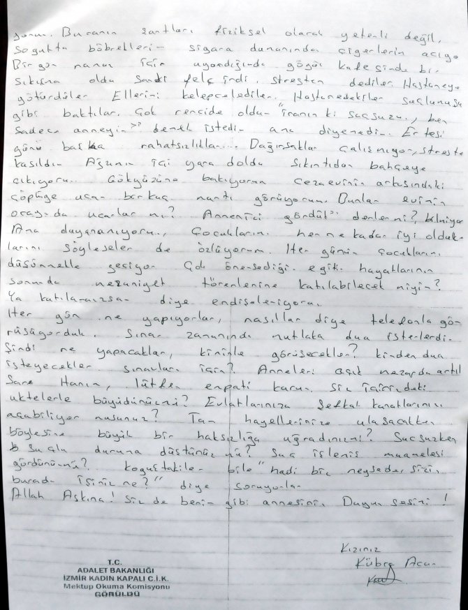 Dört kız annesi, tutuklu ev hanımından Sare Davutoğlu'na mektup