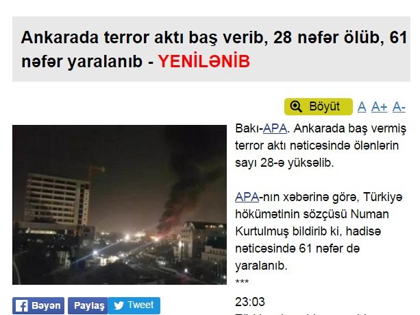 Ankara'daki patlama Azerbaycan basınında