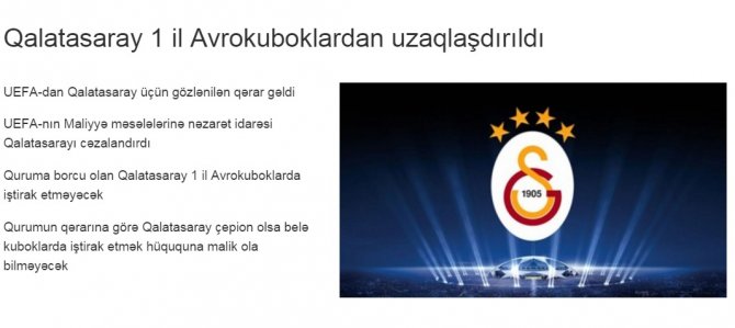 Galatasaray'ın Avrupa'dan men kararı Azerbaycan basınında