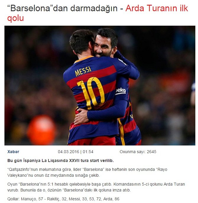 Arda Turan'ın golü Azerbaycan basınında