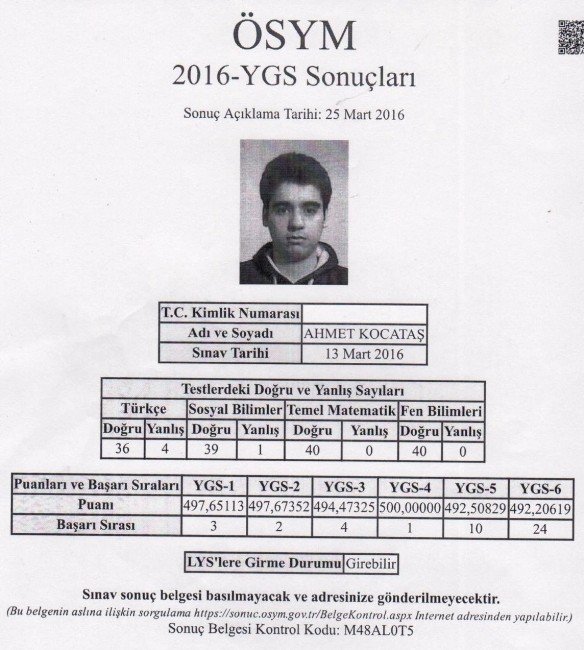 YGS-4 Alanı Birincisi İzmir’den