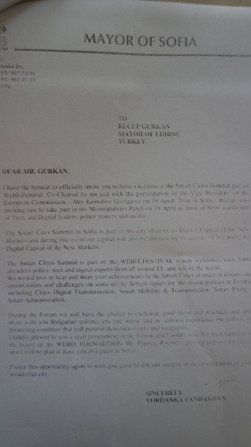 Sofya Belediye Başkanı’ndan Gürkan’a Davet Mektubu
