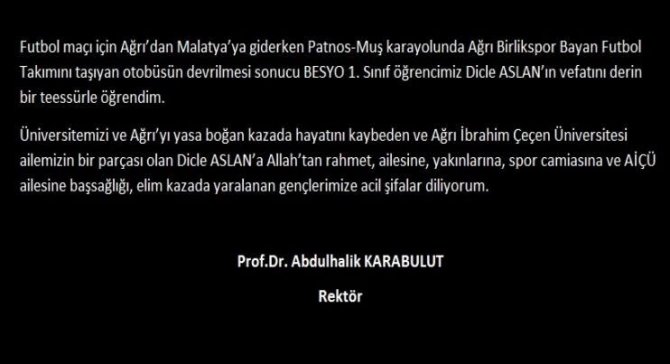 Rektör Prof. Dr. Karabulut’tan, ‘Uçan Kız’ için taziye mesajı