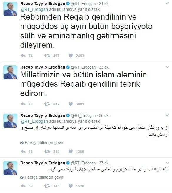 Cumhurbaşkanı Erdoğan, Regaip kandilini 8 ayrı dilde kutladı