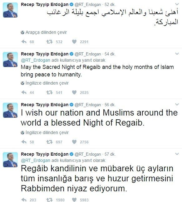 Cumhurbaşkanı Erdoğan, Regaip kandilini 8 ayrı dilde kutladı