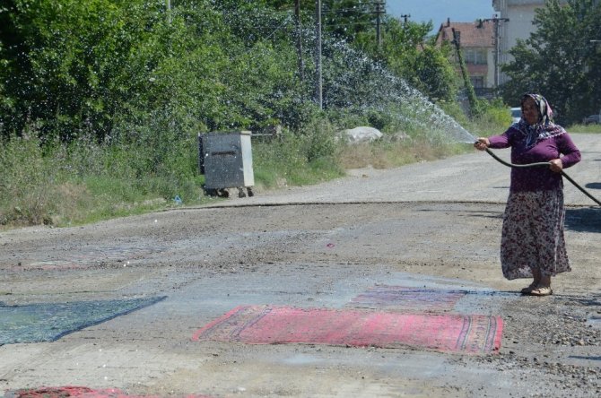 Mahalleliden tozuyan yola halılı çözüm