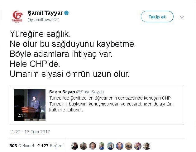 Şamil Tayyar’dan PKK’ya tepki gösteren CHP’li başkana destek
