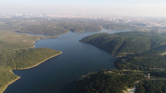 Su seviyesi azalan Alibeyköy Barajı havadan görüntülendi