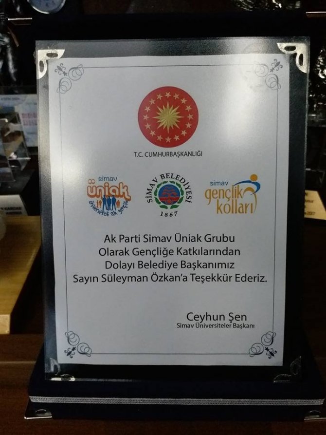 Başkan Özkan’a teşekkür plaketi