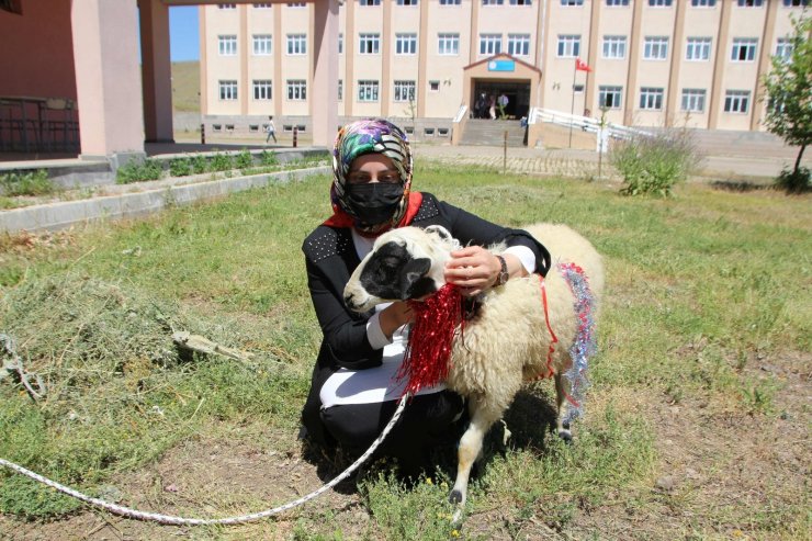 Muhtarlardan okul birincisi olan öğrenciye kuzu