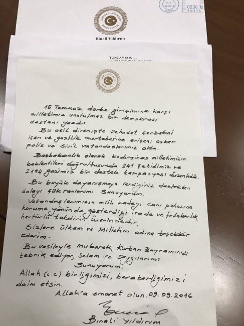 Başbakan Yıldırım’dan Kaymakam Sonel’e teşekkür mektubu