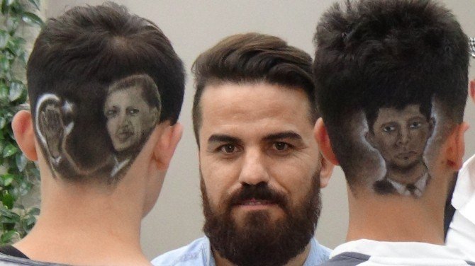 Cumhurbaşkanı Erdoğan ve şehit Halisdemir’n portrelerini saçlarına kazıdılar