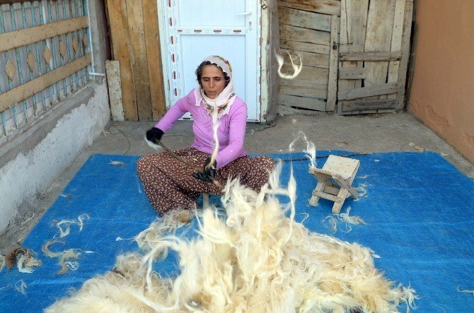 Kadınların yün çırpma mesaisi