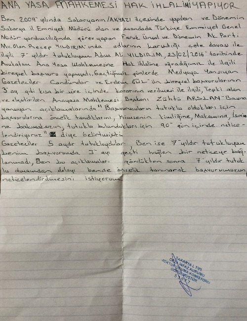 Tutuklu Ali Yıldırım Cezaevinden Mektup Yazdı